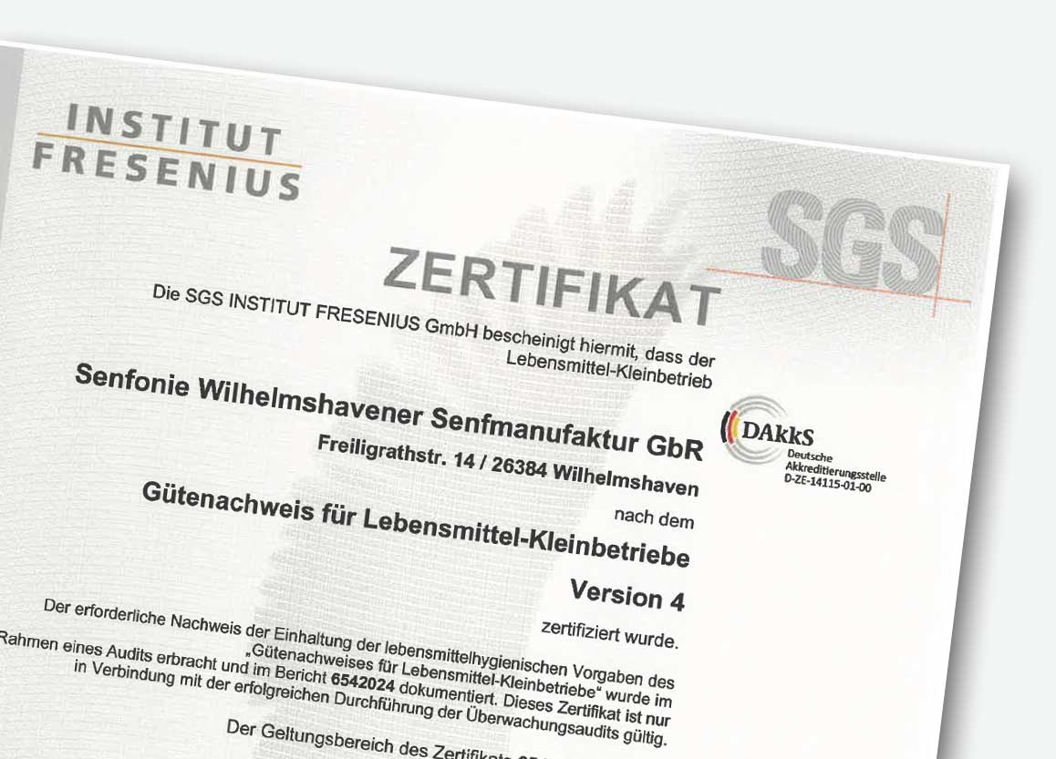 Das Bild zeigt den Ausschnitt eines Zertikates, dass die Manufaktur nach einer Qualitätsprüfung erhalten hat.